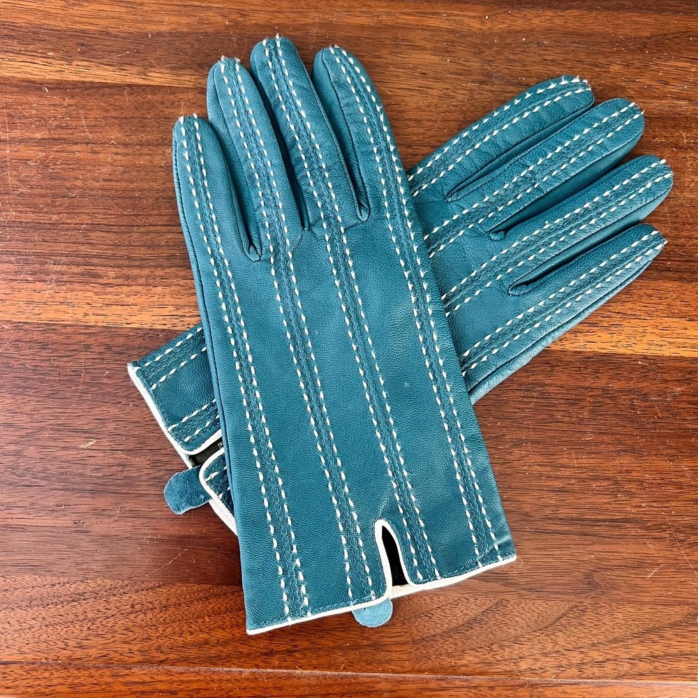 Vintage Teal Leather Gloves With White Saddle-Style Stitching Womens L XL Retro